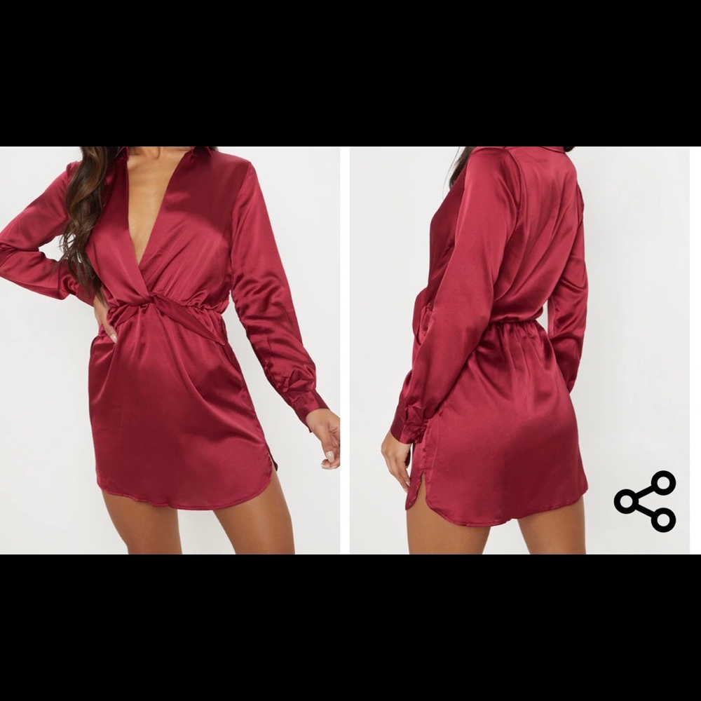 Katalea Burgundy twist front silky shirt dress